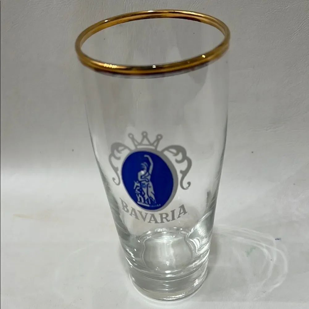 Bavaria Beer Glass with Gold Rim Blue Emblem 12 Oz 5 3/4 In Tall 2 1/4 In Tall